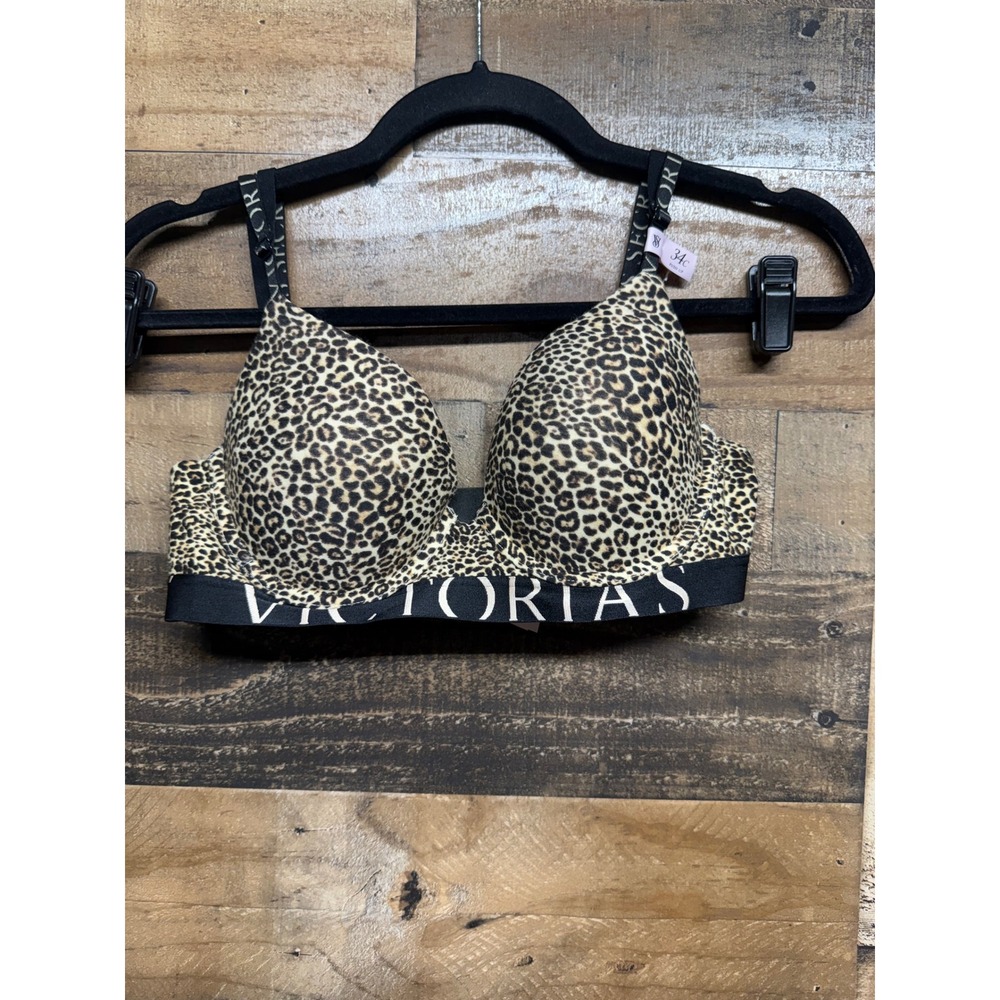 Victorias Secret Leopard Print T-Shirt Push-Up Bra Logo Straps 34C Full Coverage